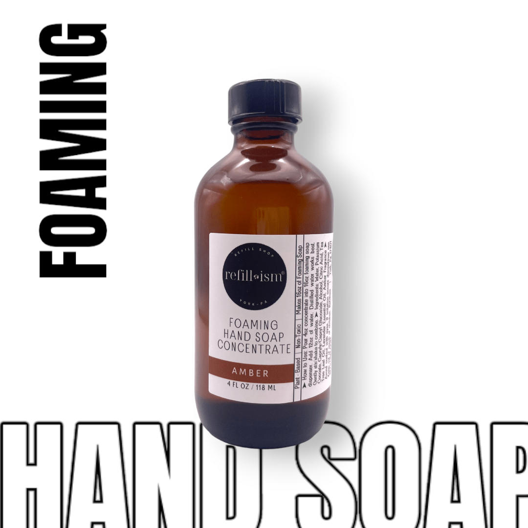 Refillism amber foaming hand soap concentrate in a clear refill bottle, personal care product with a pump dispenser.
