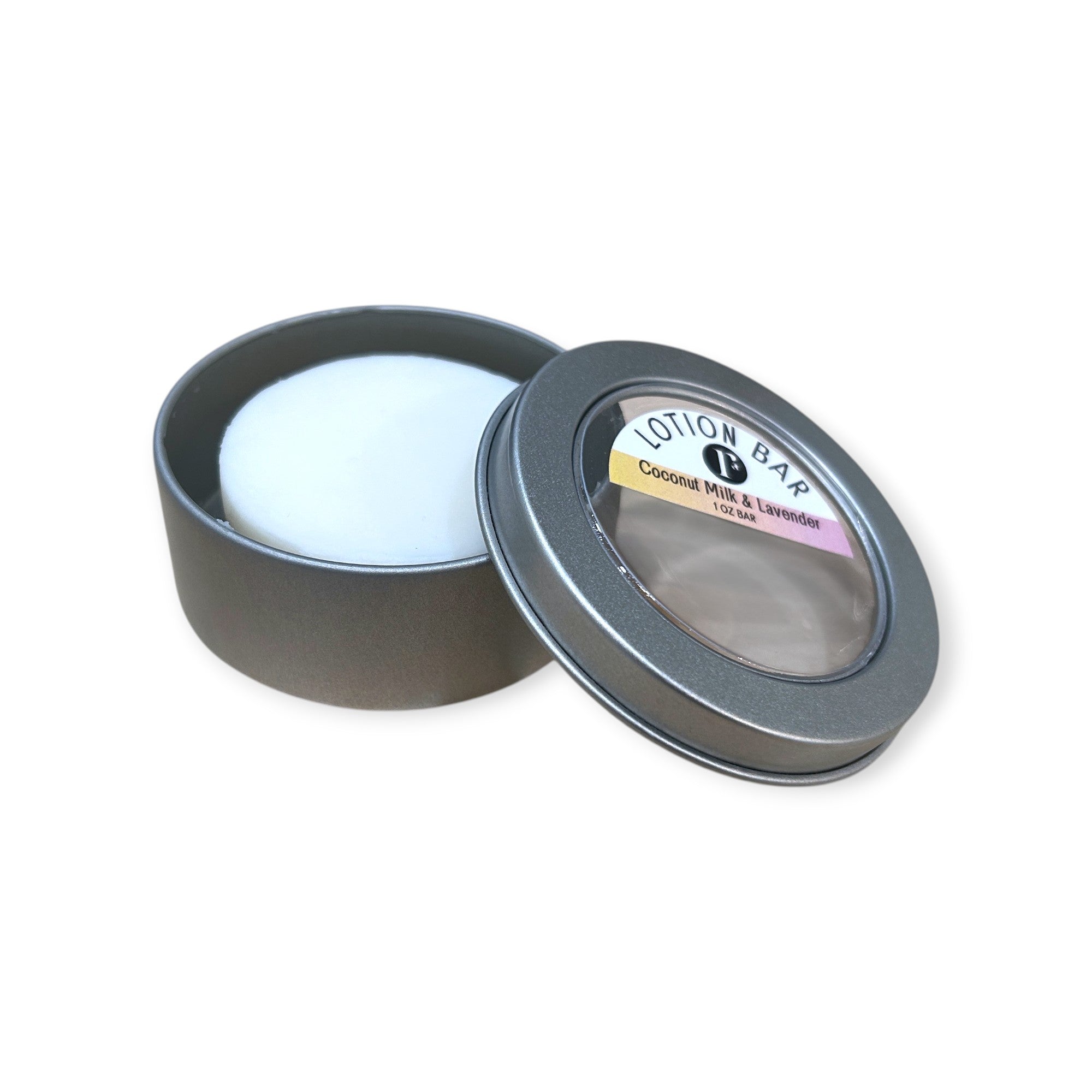 Refillism coconut milk and lavender lotion bar in a tin, natural personal care product with a soothing scent and compact design.