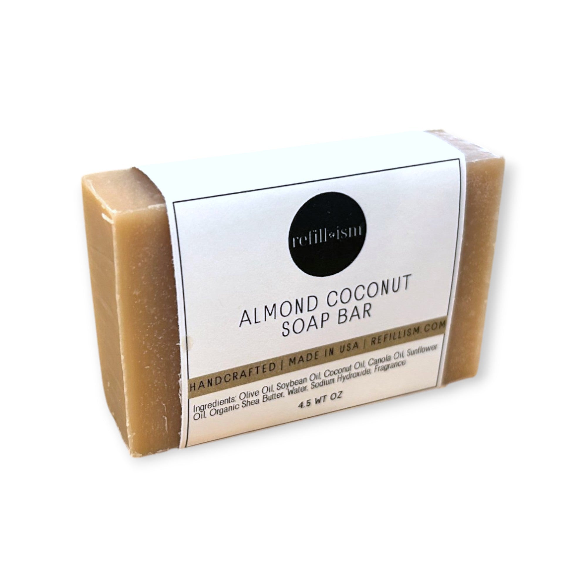 Almond coconut soap bar by Refillism, natural personal care product with a creamy texture and almond coconut scent.
