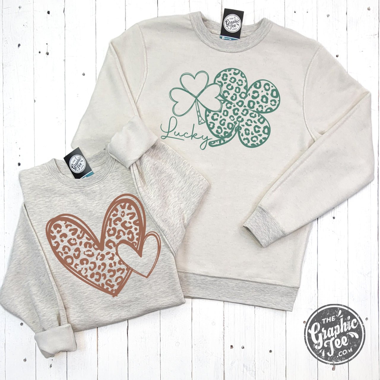 Reversible Hearts to Shamrocks cheetah print crewneck sweatshirt by The Graphic Tee, showcasing a stylish, patterned design.