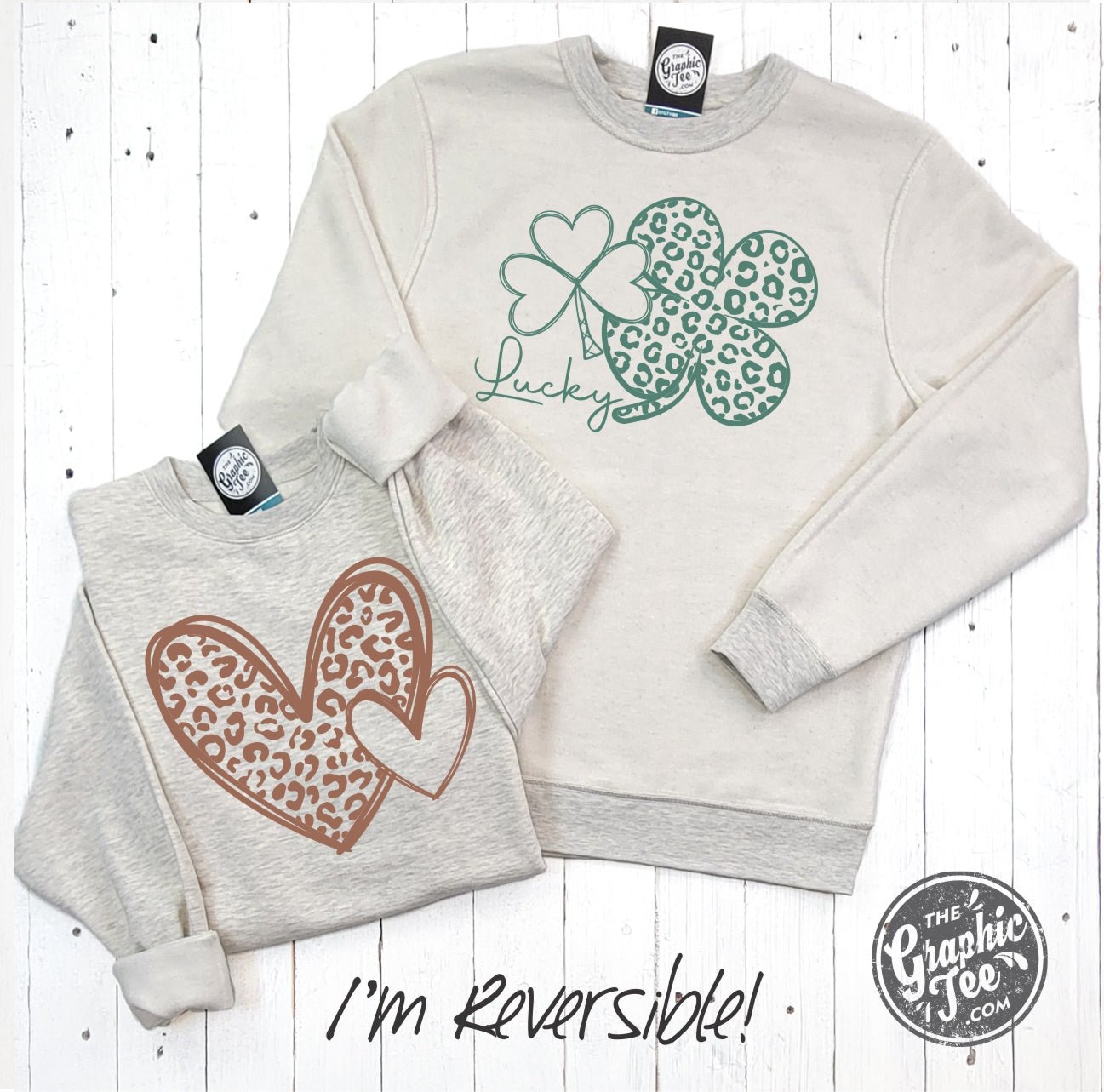Reversible hearts to shamrocks cheetah print crewneck sweatshirt by The Graphic Tee, featuring bold graphic design and soft fabric.