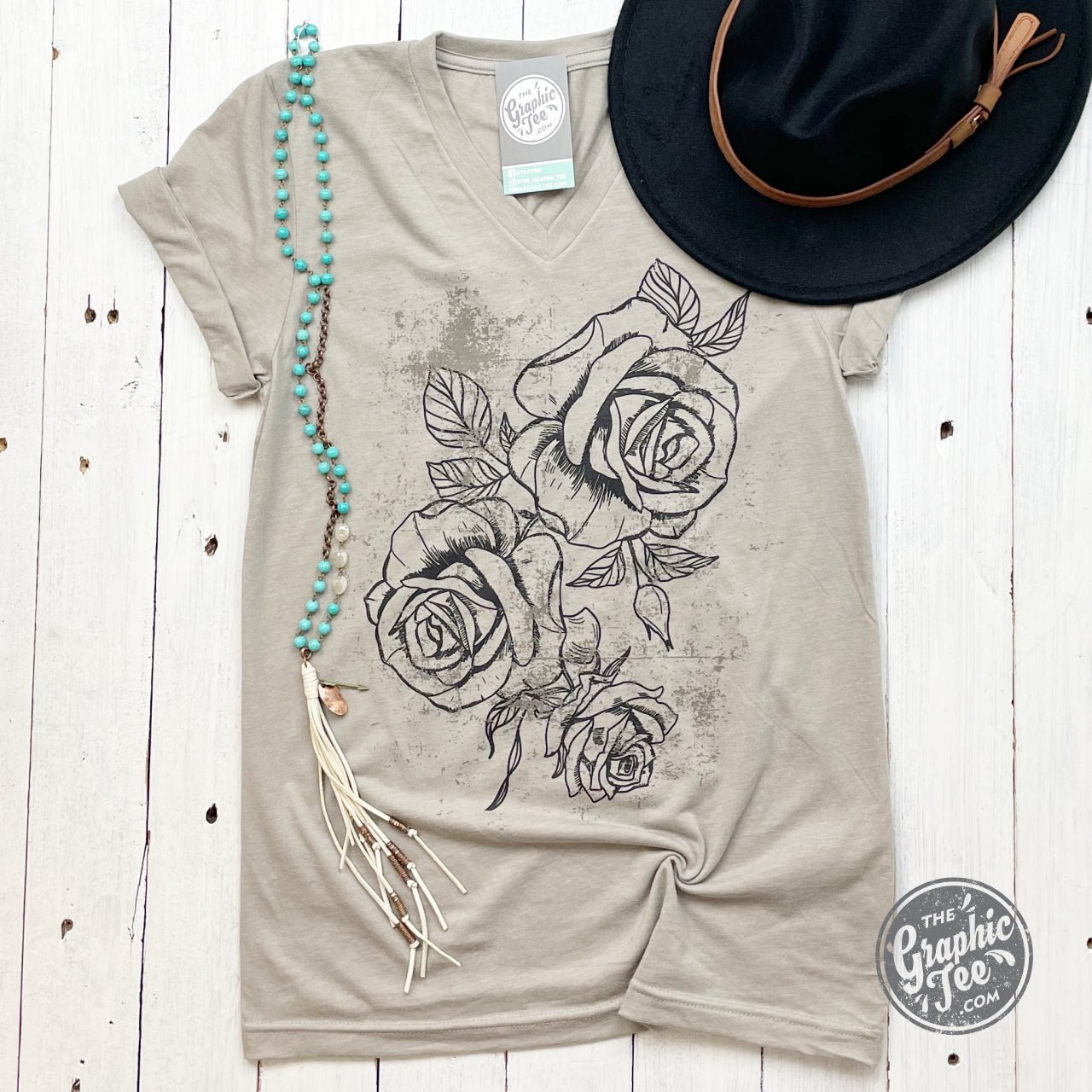 Heather gray V-neck short sleeve graphic tee with rose design from The Graphic Tee, casual and stylish for everyday wear.
