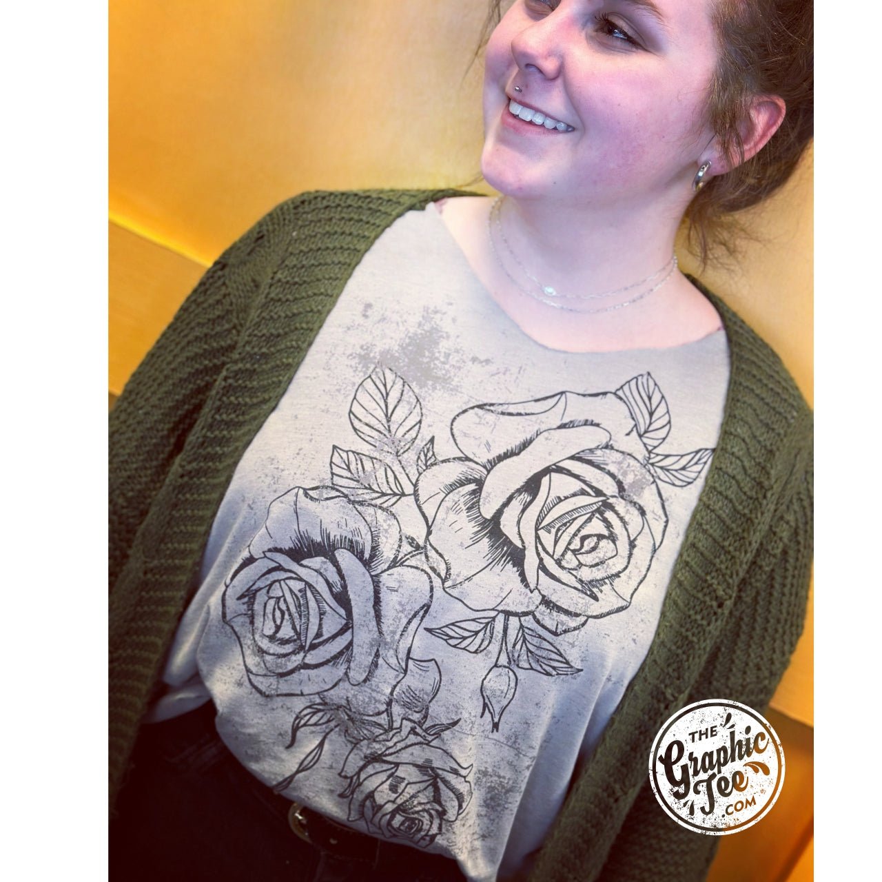Heather stone V-neck short sleeve graphic tee with rose print from The Graphic Tee, casual and stylish for everyday wear.