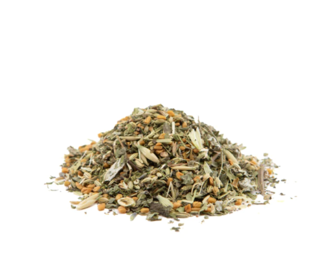 Herbal tea in a glass mug with fresh herbs and flowers, designed for nursing support by Sage & Stone Apothecary.