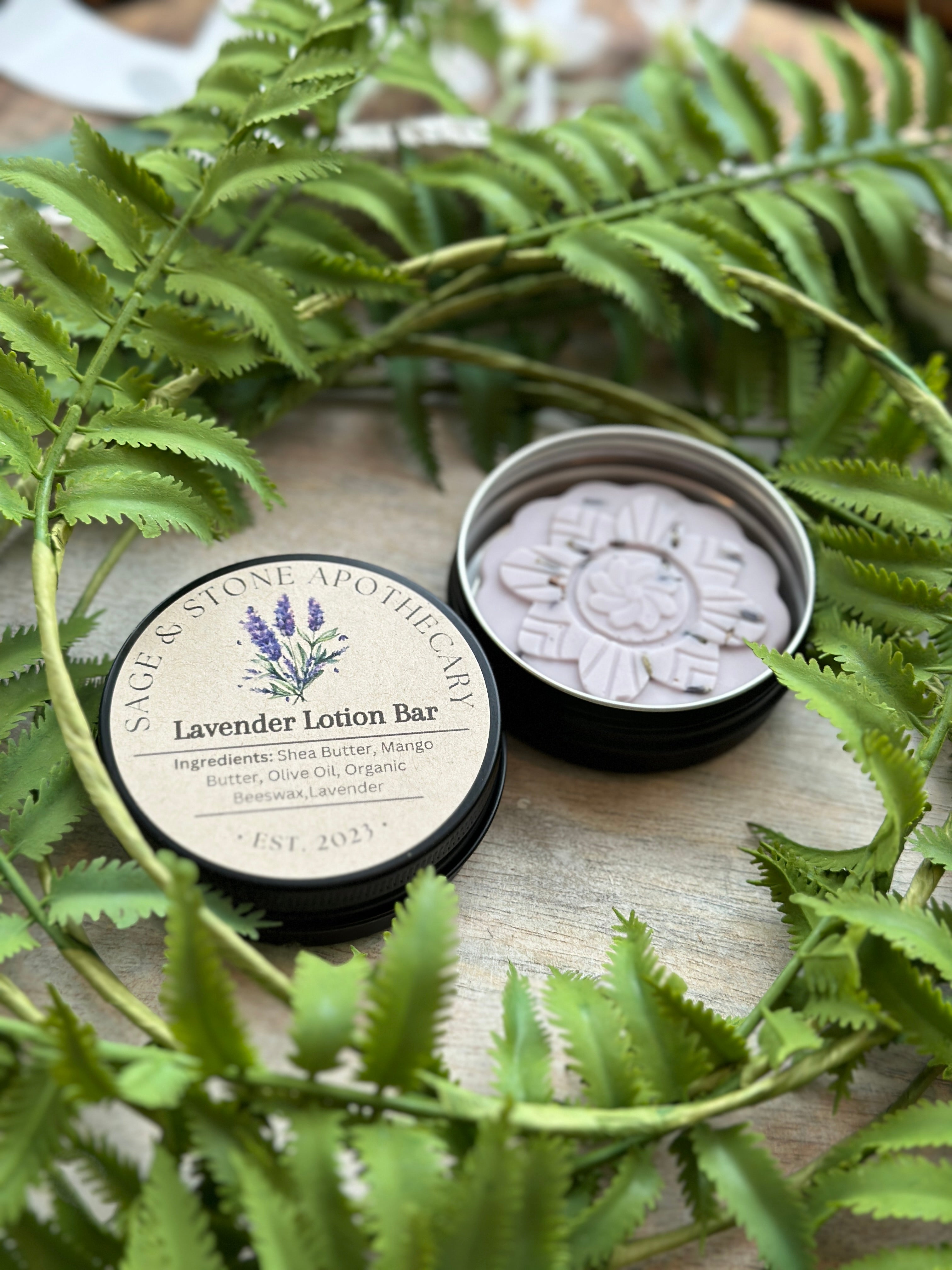 Lavender lotion bar by Sage & Stone Apothecary, a natural body care product with lavender scent and moisturizing texture.
