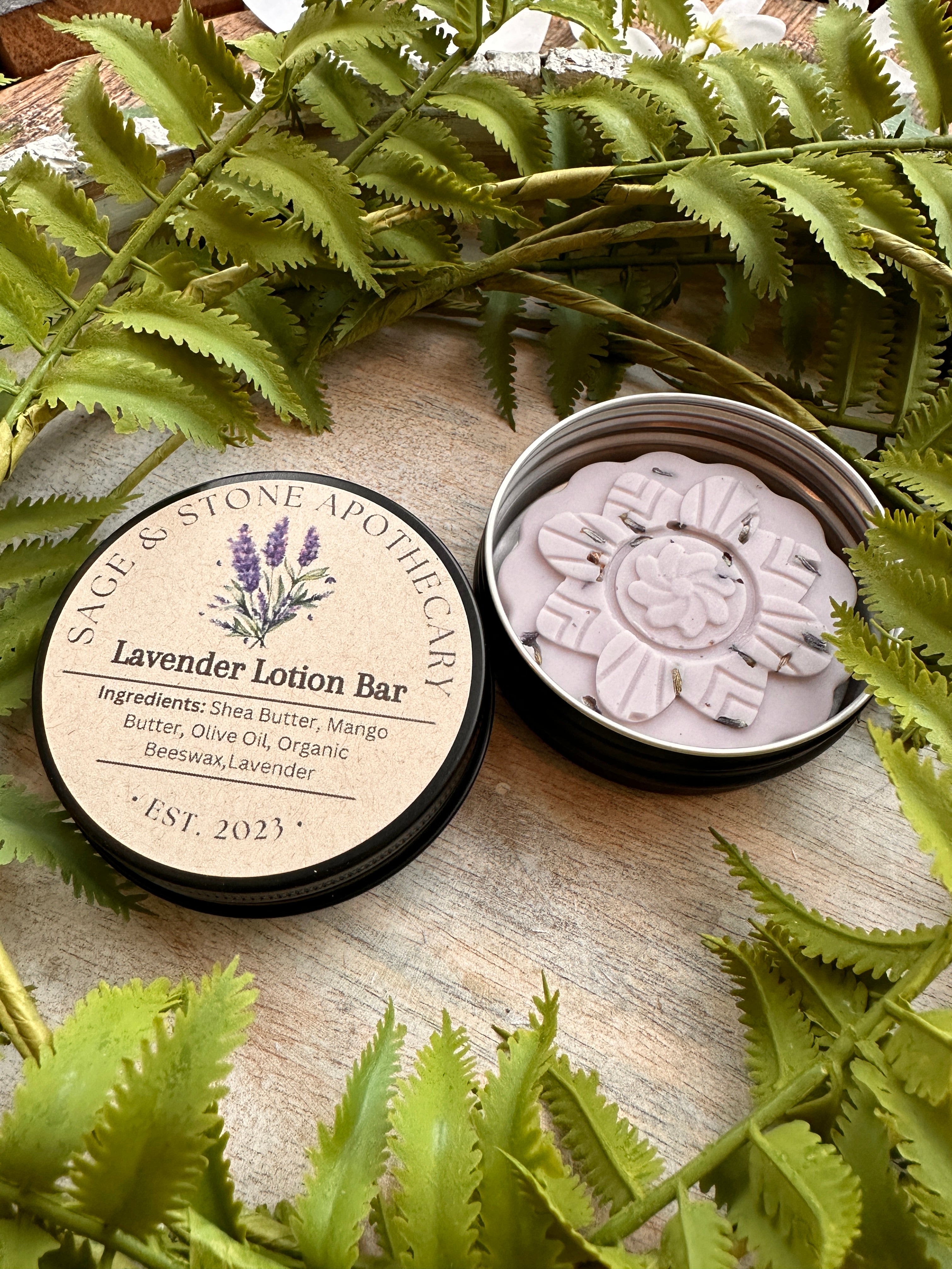 Lavender lotion bar from Sage & Stone Apothecary, a natural body care product with a smooth, solid lavender-scented moisturizer.