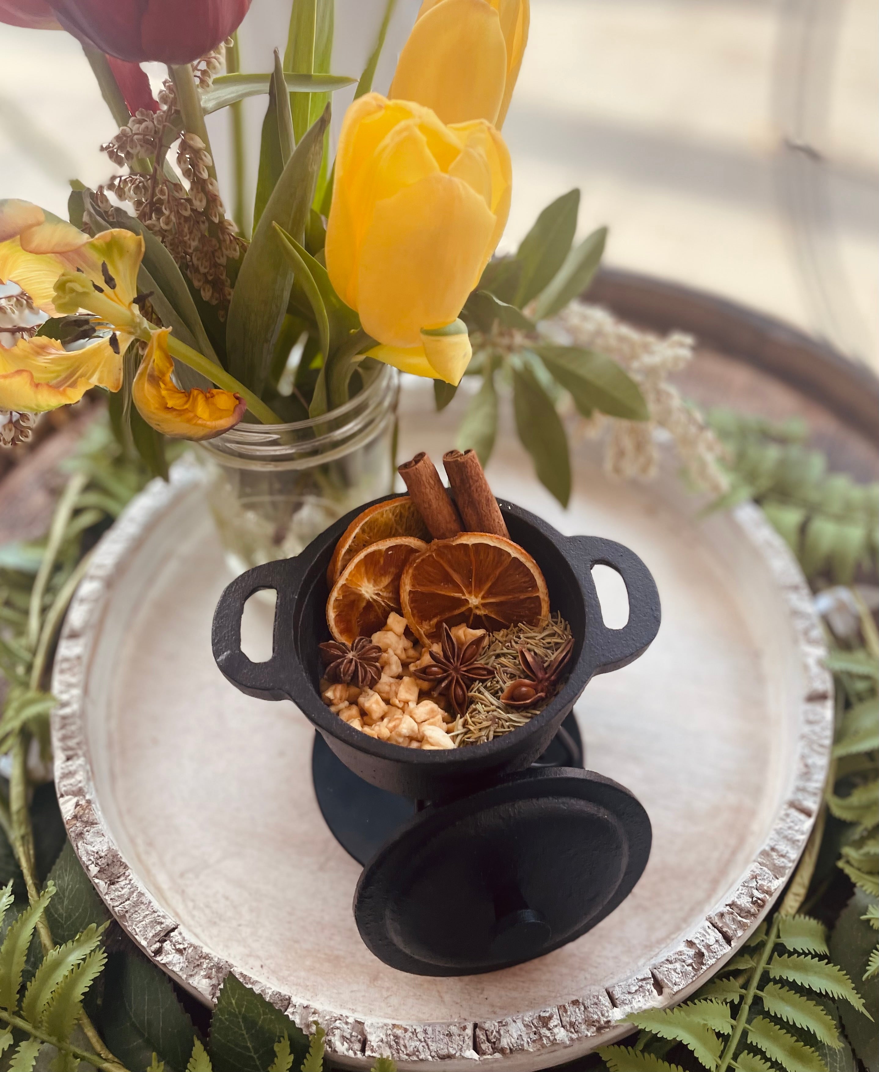 Sage & Stone Apothecary Cozy Home Simmer Pot Blend in a jar with dried herbs and spices for home fragrance.