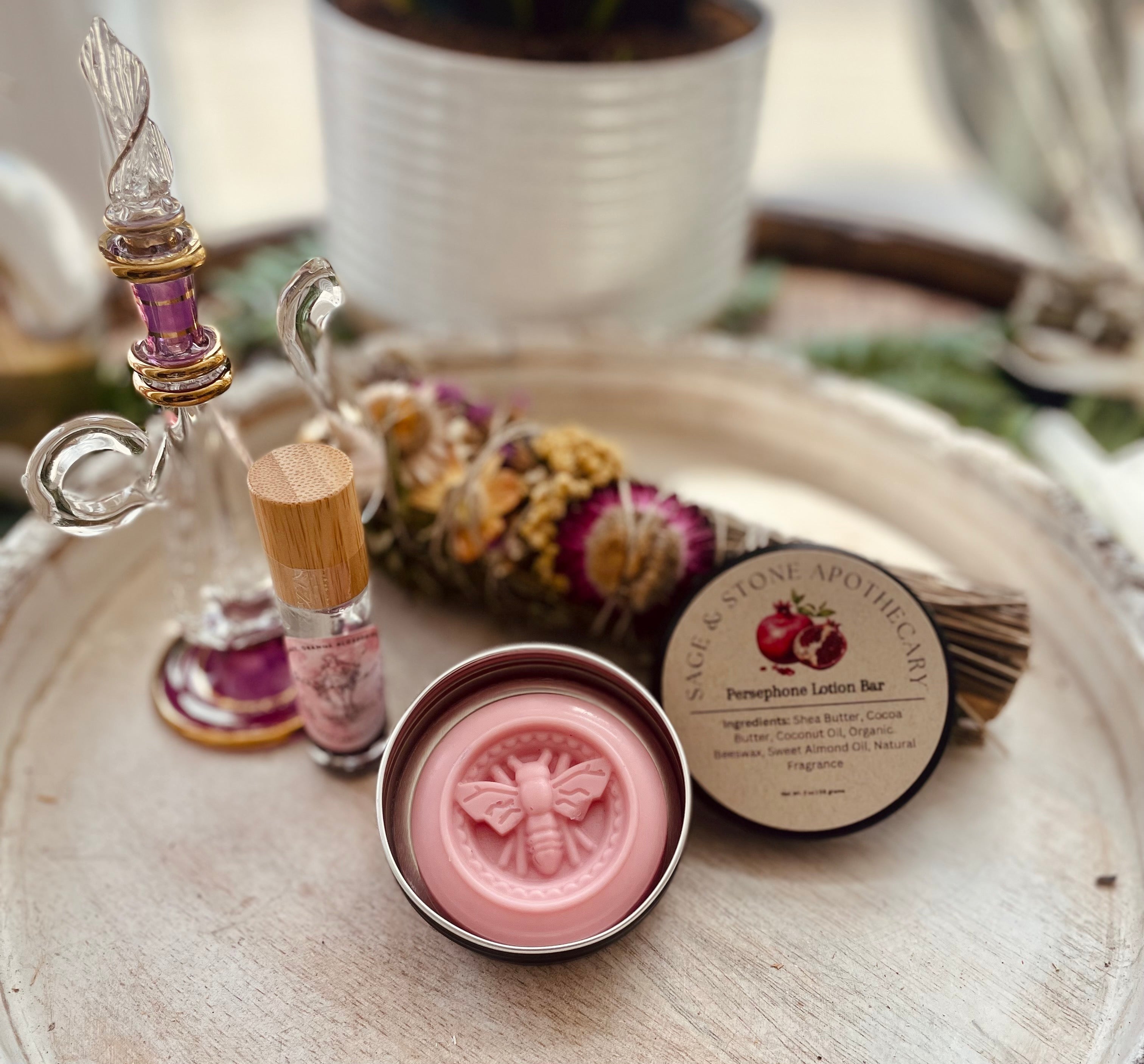 Sage & Stone Apothecary Persephone Lotion Bar for personal and body care, shown as a natural solid lotion in a minimalist container.