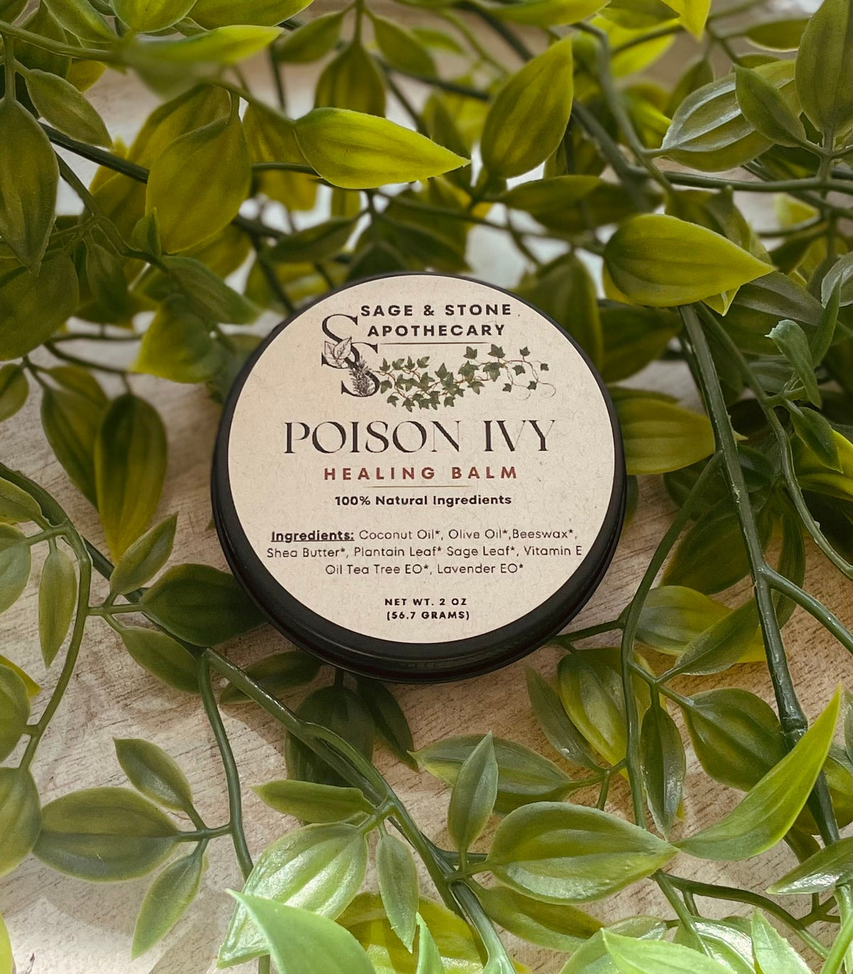 Poison Ivy Healing Balm by Sage & Stone Apothecary, natural personal care product in a jar with herbal ingredients.