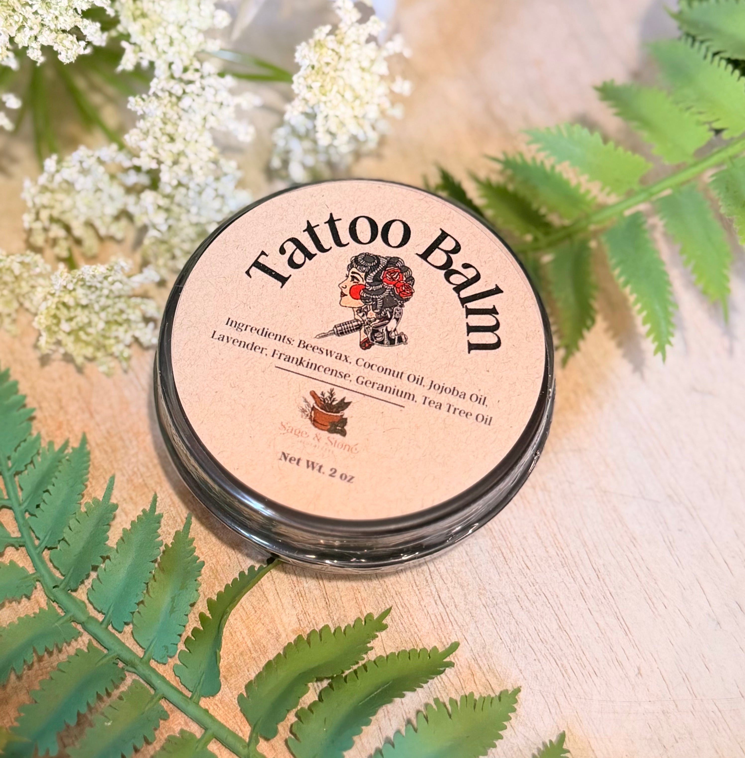 Sage & Stone Apothecary tattoo healing balm jar with herbal ingredients, designed for soothing and healing fresh tattoos.