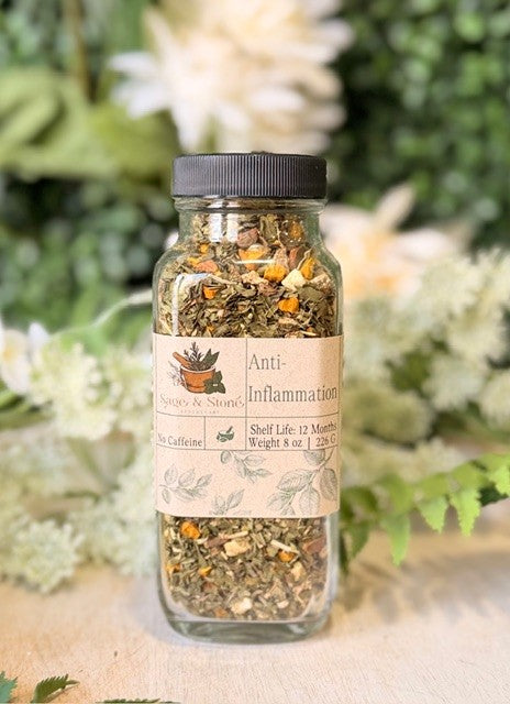 8 oz Sage & Stone Apothecary anti-inflammation tea in a clear glass jar with a label, showcasing the herbal blend inside.