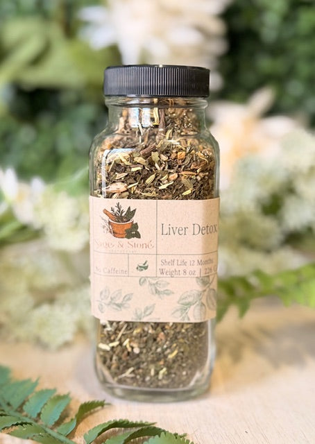 8 oz bottle of Sage & Stone Apothecary Liver Detox Blend tea with herbal ingredients for cleansing and supporting liver health.