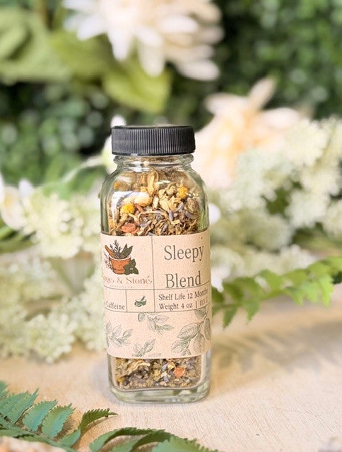 Herbal tea by Sage & Stone Apothecary, Sleepy Blend in a 4 oz package, featuring a calming mix of herbs for relaxation.