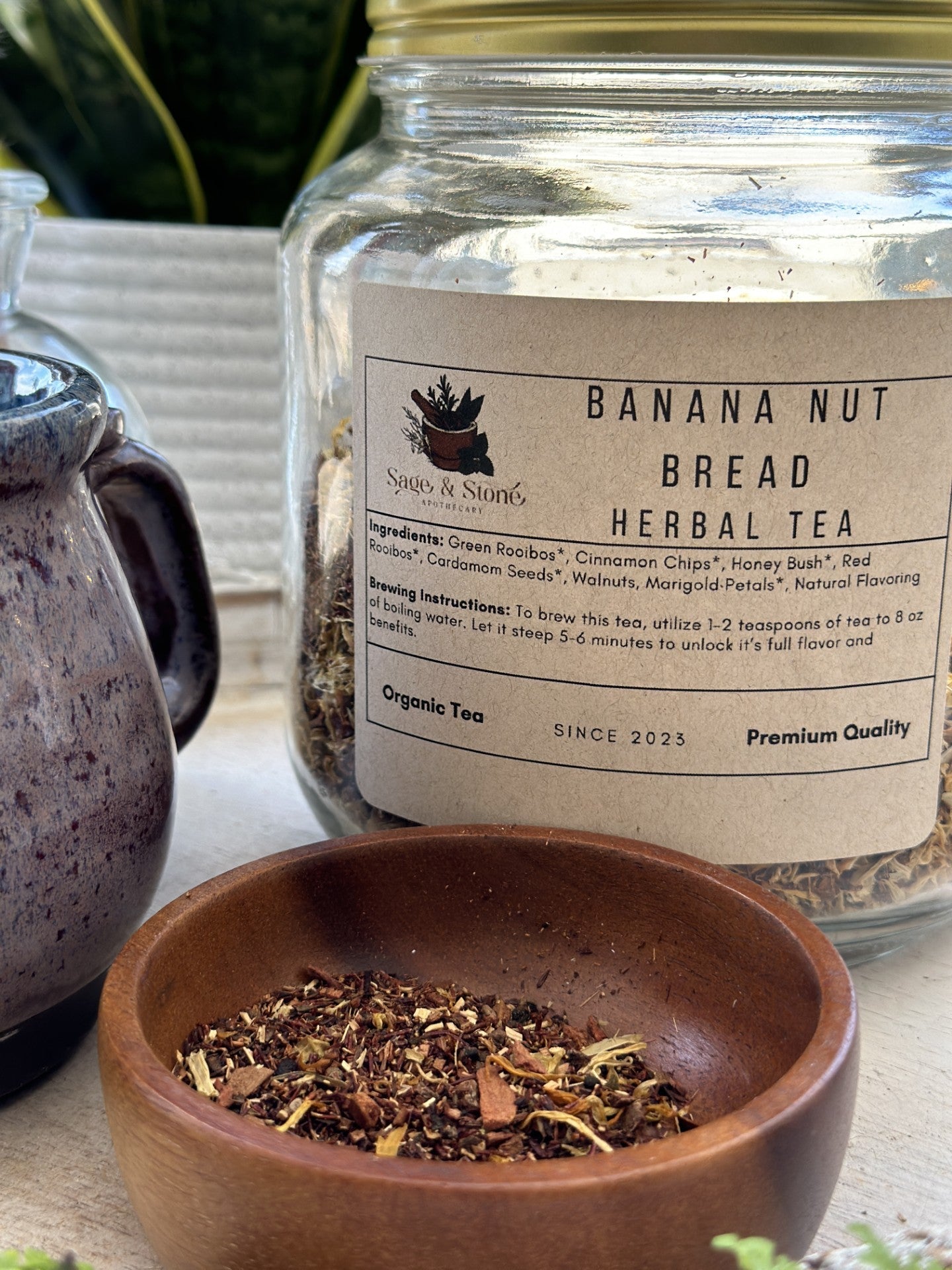 Sage & Stone Apothecary Banana Nut Bread tea in a tea bag, with a warm, inviting aroma and natural banana nut flavor.