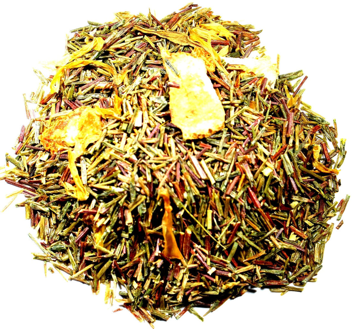A cup of Peach Dream tea by Sage & Stone Apothecary with fresh peach slices and blooming chamomile flowers on a rustic wooden table.
