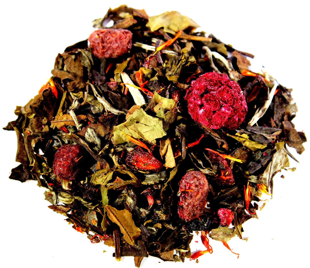 White raspberry and pomegranate tea by Sage & Stone Apothecary in a teacup with tea leaves and fresh fruit.