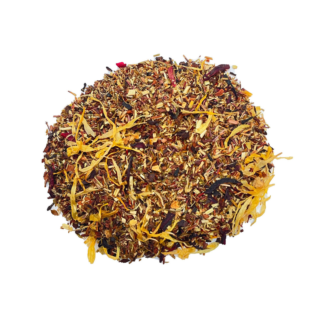 Box of Sage & Stone Apothecary Strawberry Hibiscus tea featuring dried strawberries and hibiscus flowers in a natural setting.