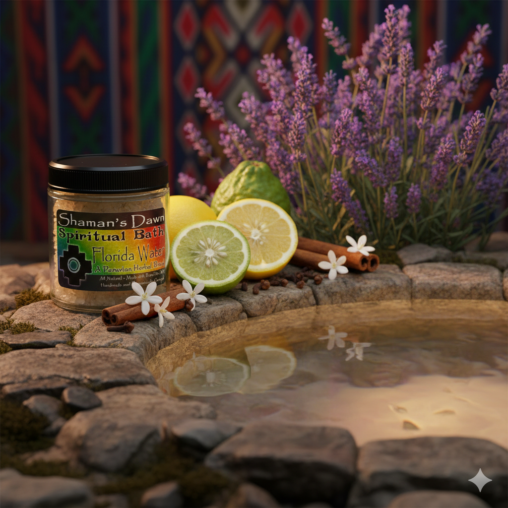 Shamans Dawn Florida Water spiritual bath with Dead Sea salt, showing a relaxing bath scene with aromatic salts and calming ambiance.