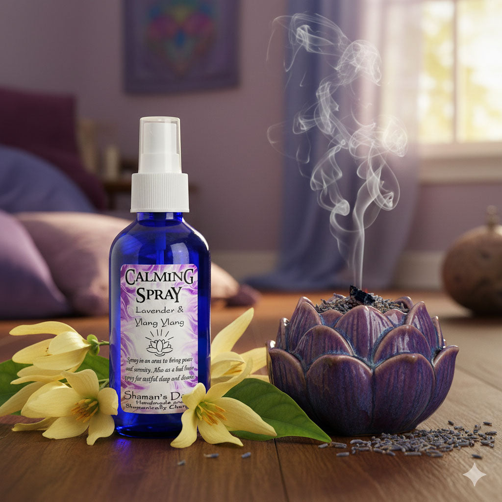 Shamans Dawn calming spray bottle held in hand, designed to promote relaxation and stress relief with natural ingredients.