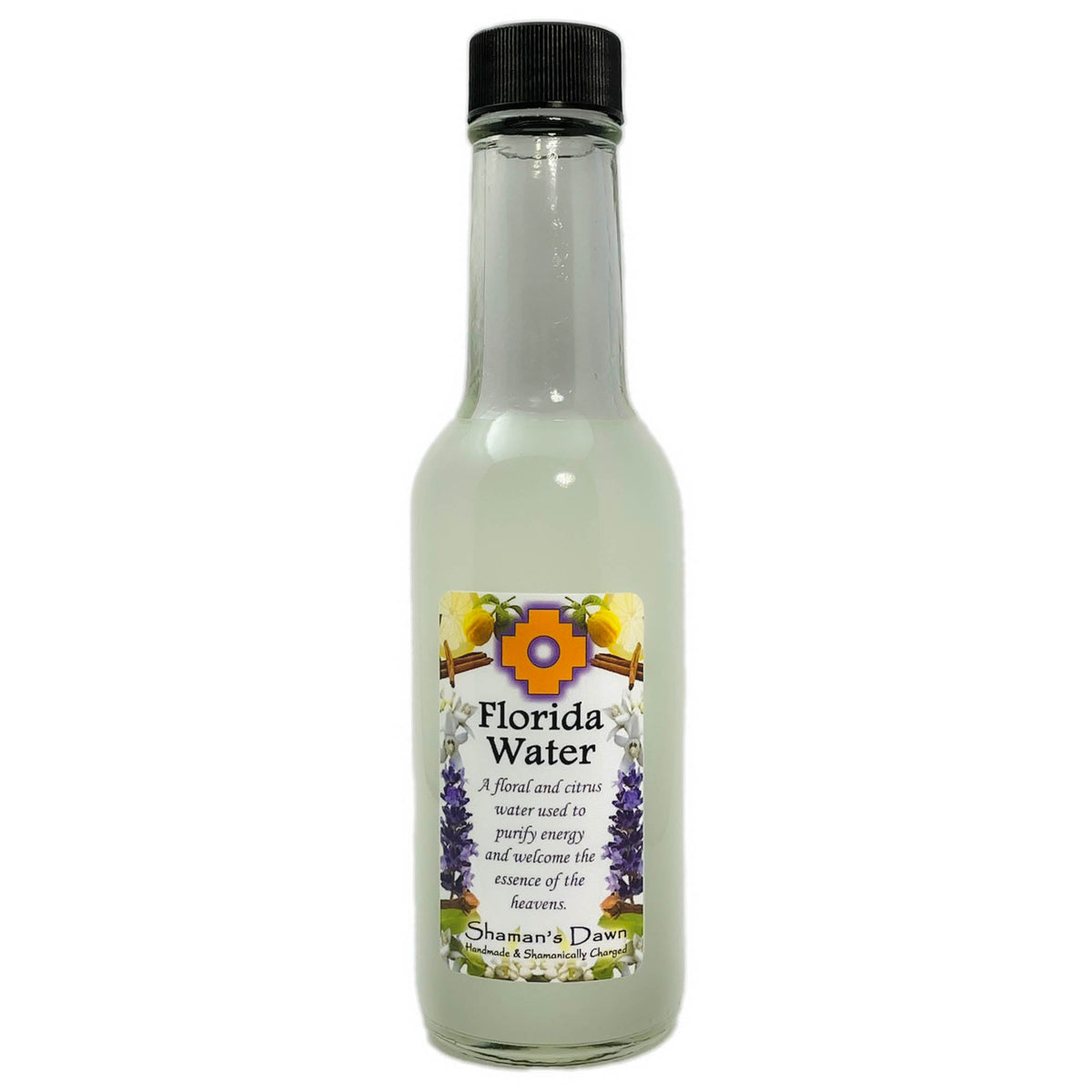 Shamans Dawn Florida Water spray bottle with a silhouette design, featuring a clear glass container and white spray nozzle.