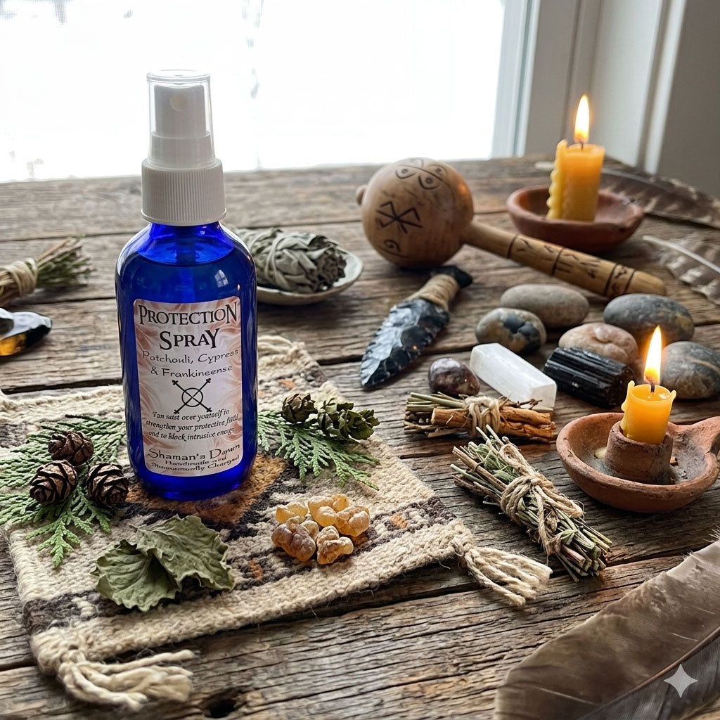 Shamans Dawn protection spray bottle with nozzle, displayed on a neutral background, showcasing the product for everyday use.