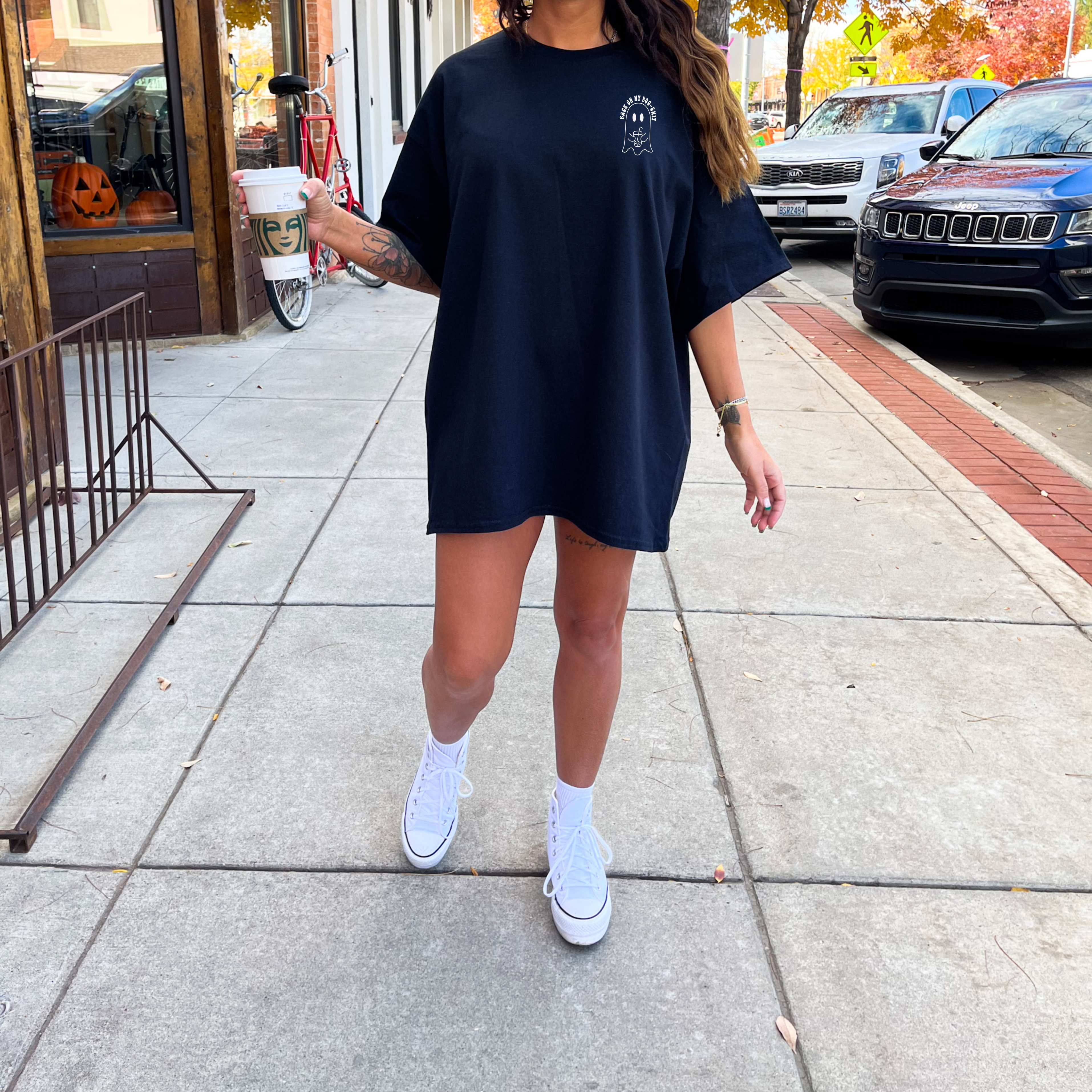 Black graphic t-shirt from Shop Karma Tees with bold "Back on my Boo Shit" print, casual fit, and soft cotton fabric.