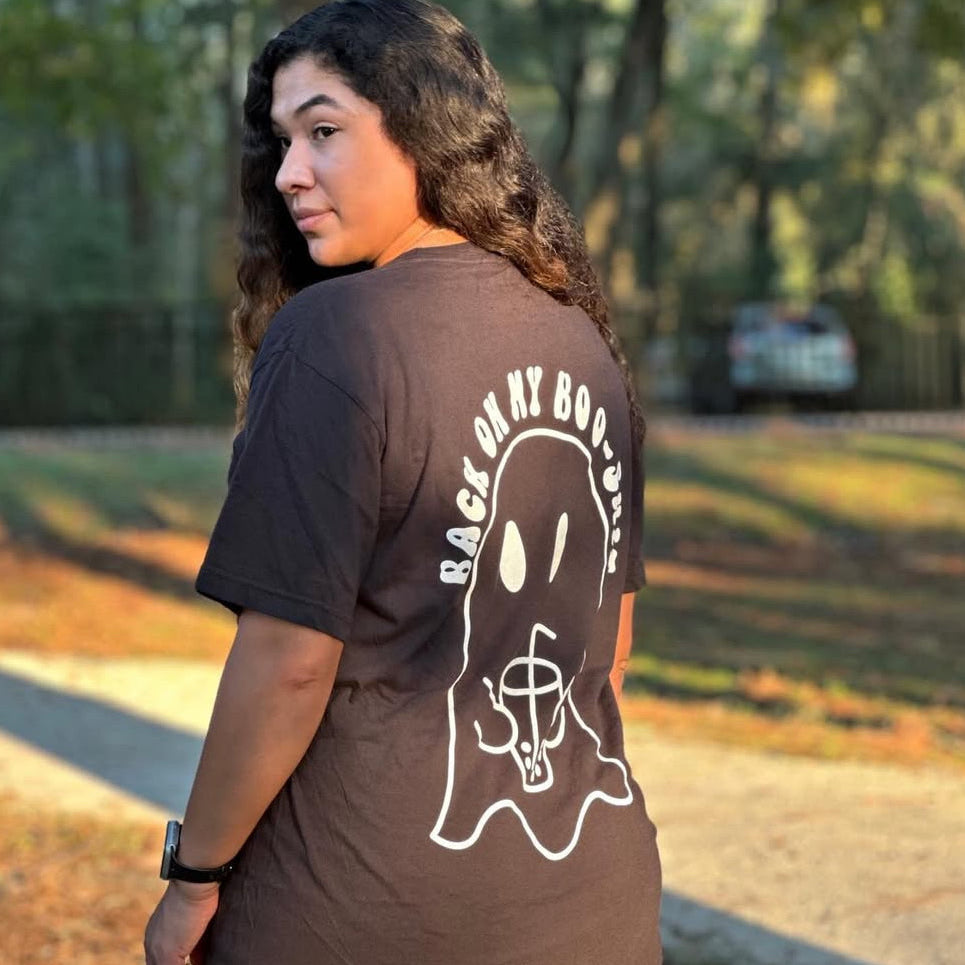 Back on my Boo Shit graphic T-shirt by Shop Karma Tees featuring bold text and casual fit, displayed on a white background.