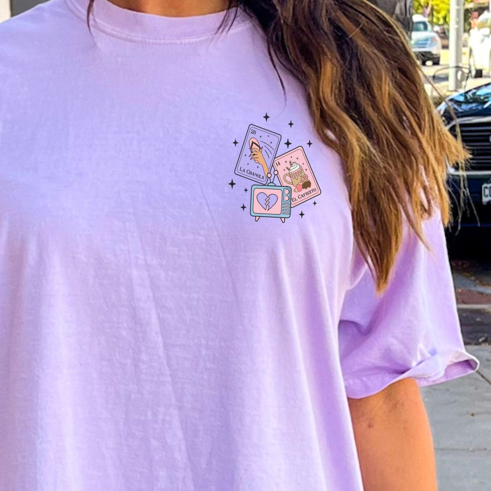 Loteria graphic tee by Shop Karma Tees featuring colorful traditional Mexican Loteria card design on front.
