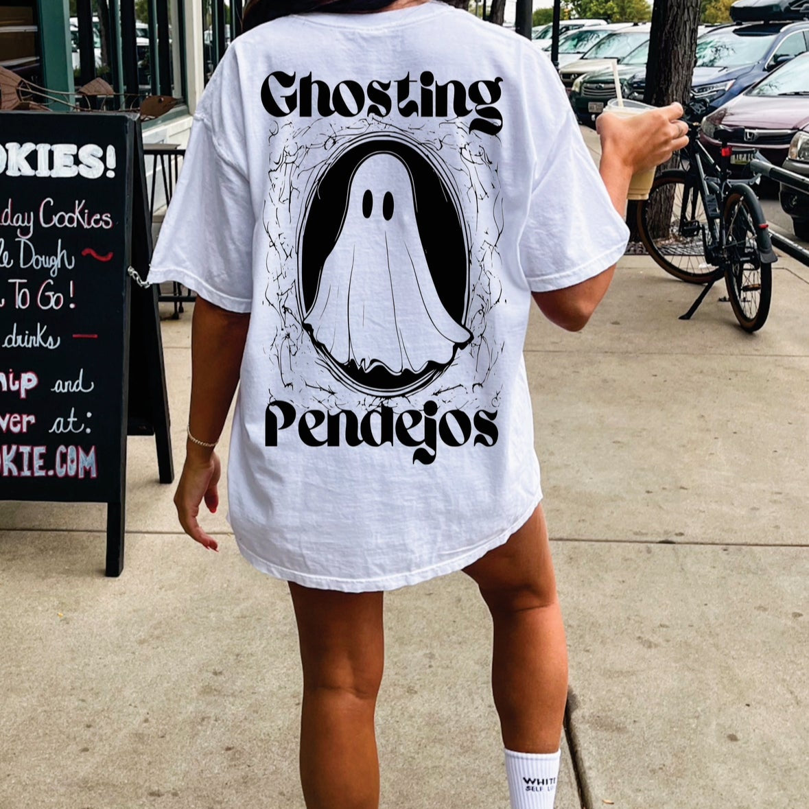 Men's Ghosting Pendejos graphic T-shirt featuring bold text and design, displayed on a plain background.