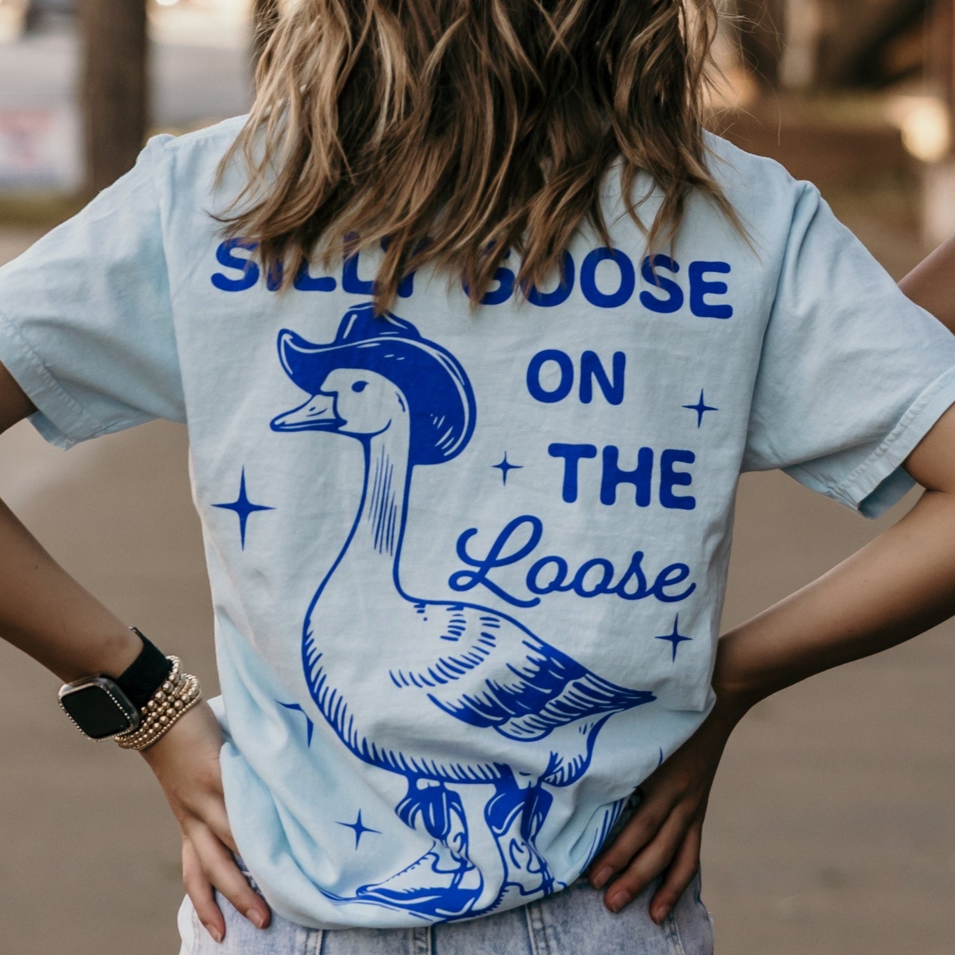 Silly Goose on the Loose graphic tee featuring a playful goose illustration, casual crewneck design from Shop Karma Tees.