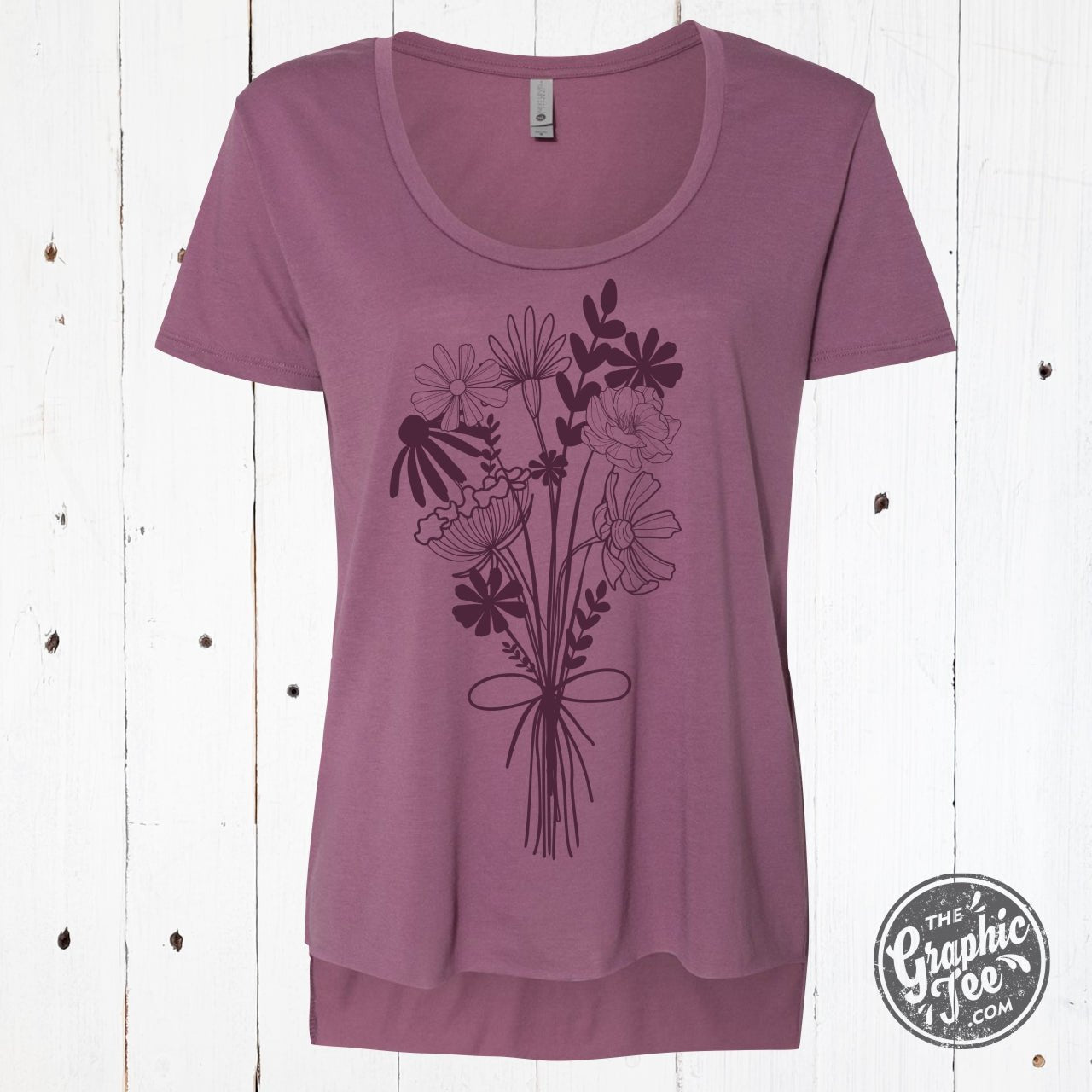 Simply Floral ladies' hi-low scoop neck graphic tee by The Graphic Tee, featuring floral print and casual comfortable fit.