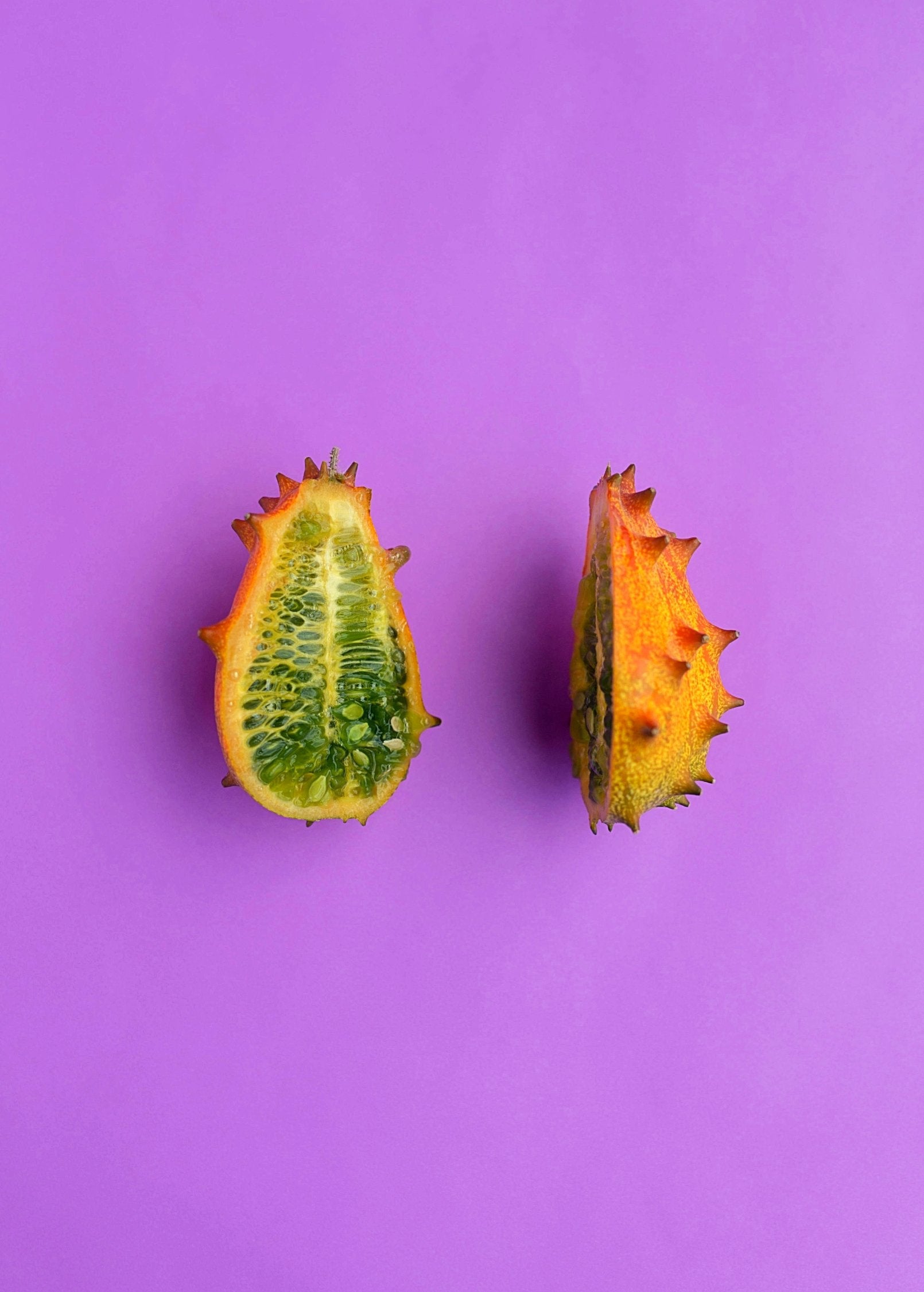 Orange Kiwano fruiting plant in coconut coir pot by Sow Exotic, showcasing ripe, spiky orange fruit and lush green foliage.