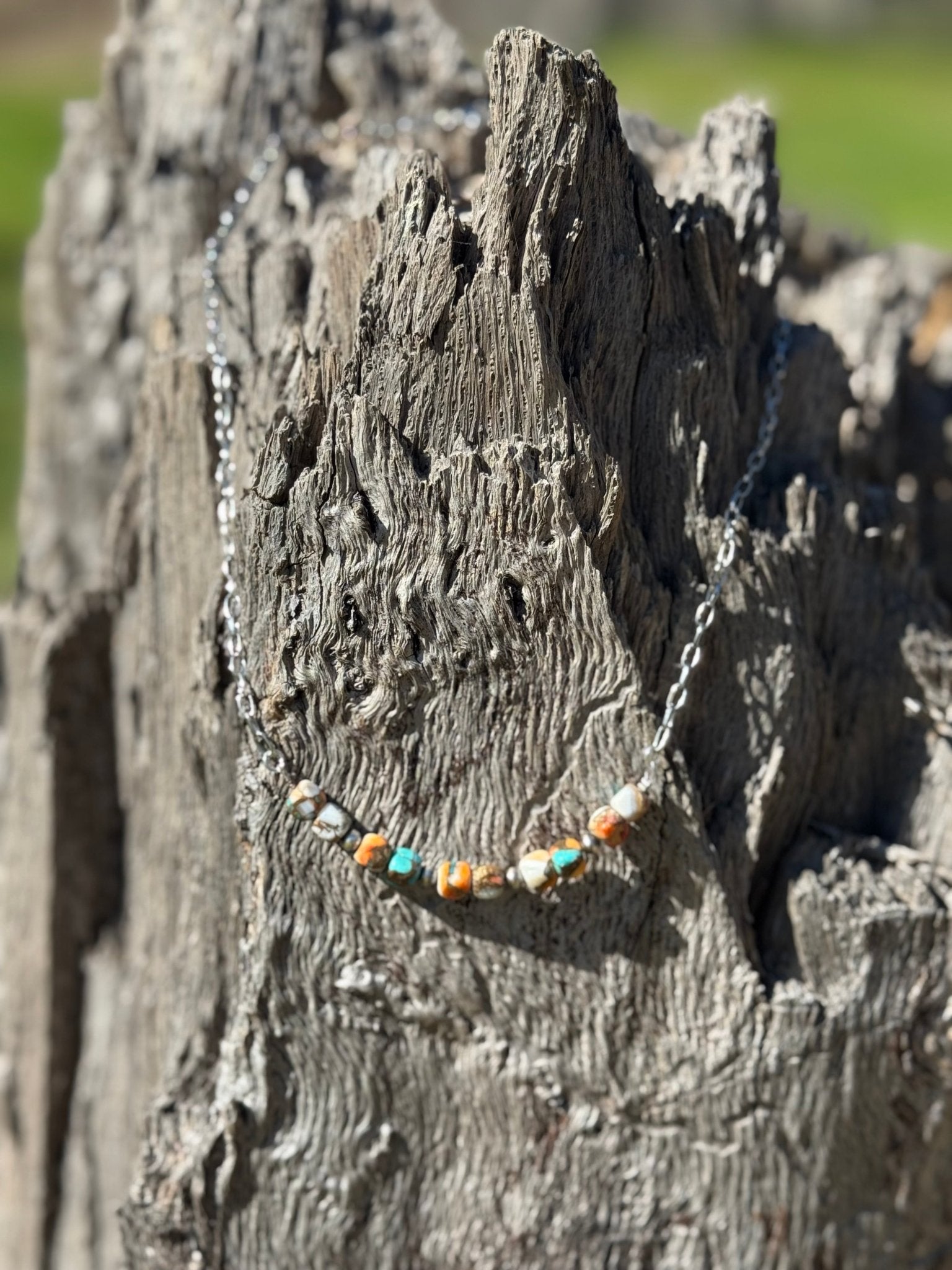 Spiny oyster and turquoise beaded chain necklace by Wild Junkie featuring vibrant, handcrafted jewelry with natural stone beads.