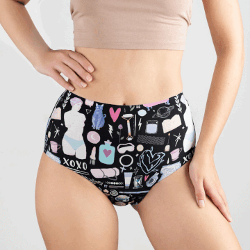 Spirit Nest period underwear featuring moon phase designs, shown as comfortable, breathable apparel for menstrual protection.
