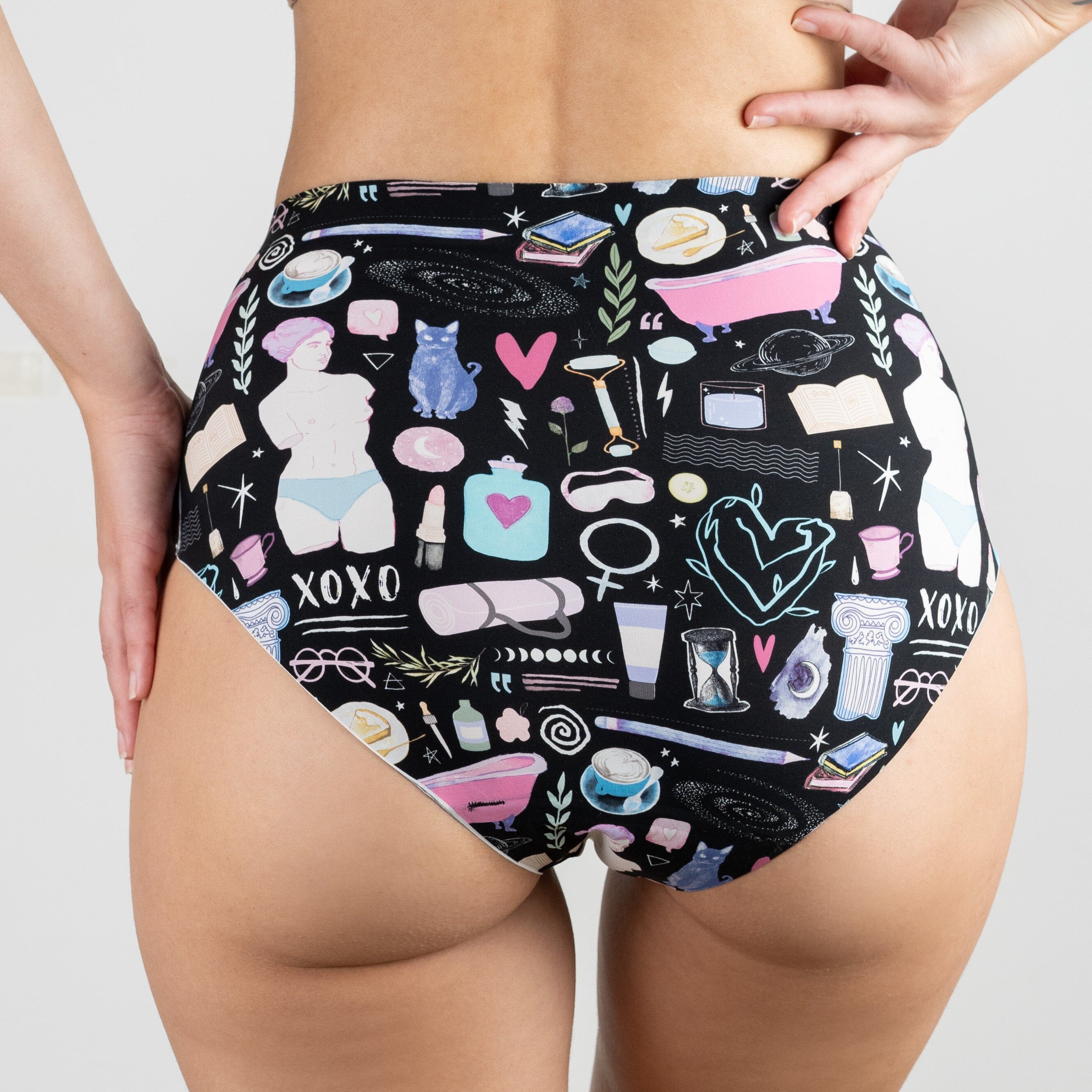 Spirit Nest period underwear featuring moon phase print, comfortable apparel designed for menstrual health and style.