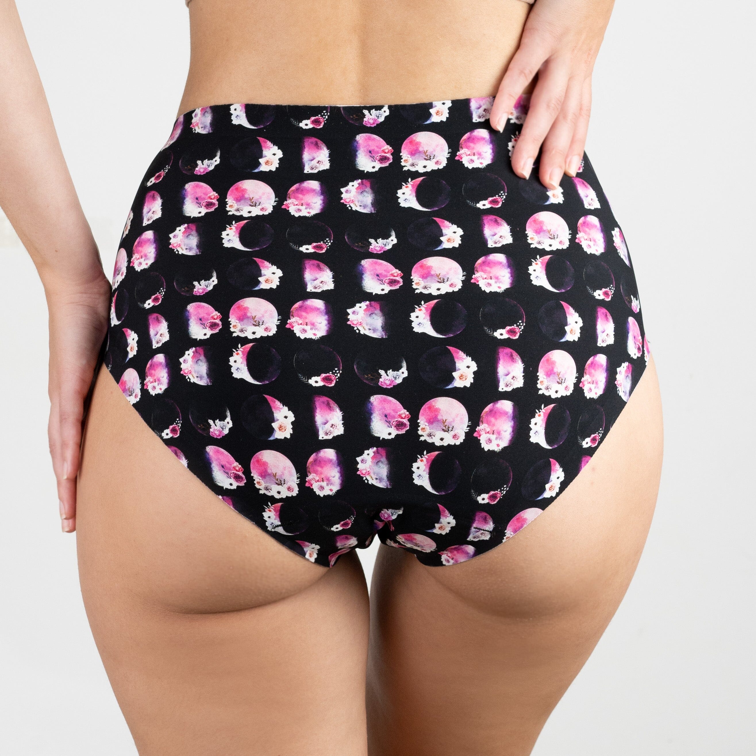 Spirit Nest period underwear in moon phases print, stylish and comfortable apparel for menstrual protection.
