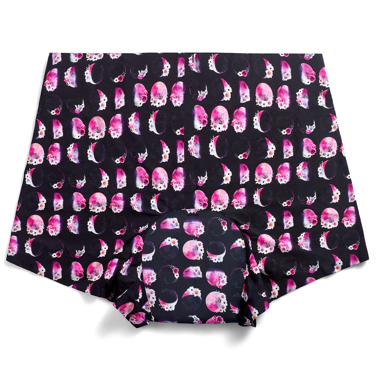 Spirit Nest moon phases print period underwear for women, breathable and comfortable apparel designed for menstrual health.