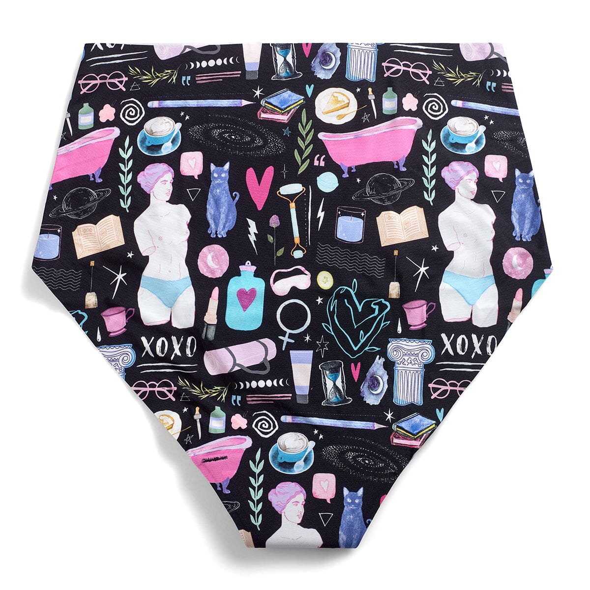 Spirit Nest moon phases print period underwear for women, soft and comfortable apparel designed for menstrual health.