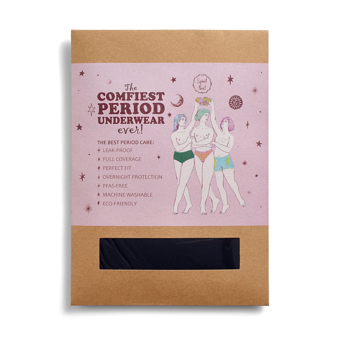Spirit Nest moon phases print period underwear for women, comfortable apparel with lunar-themed design and breathable fabric.