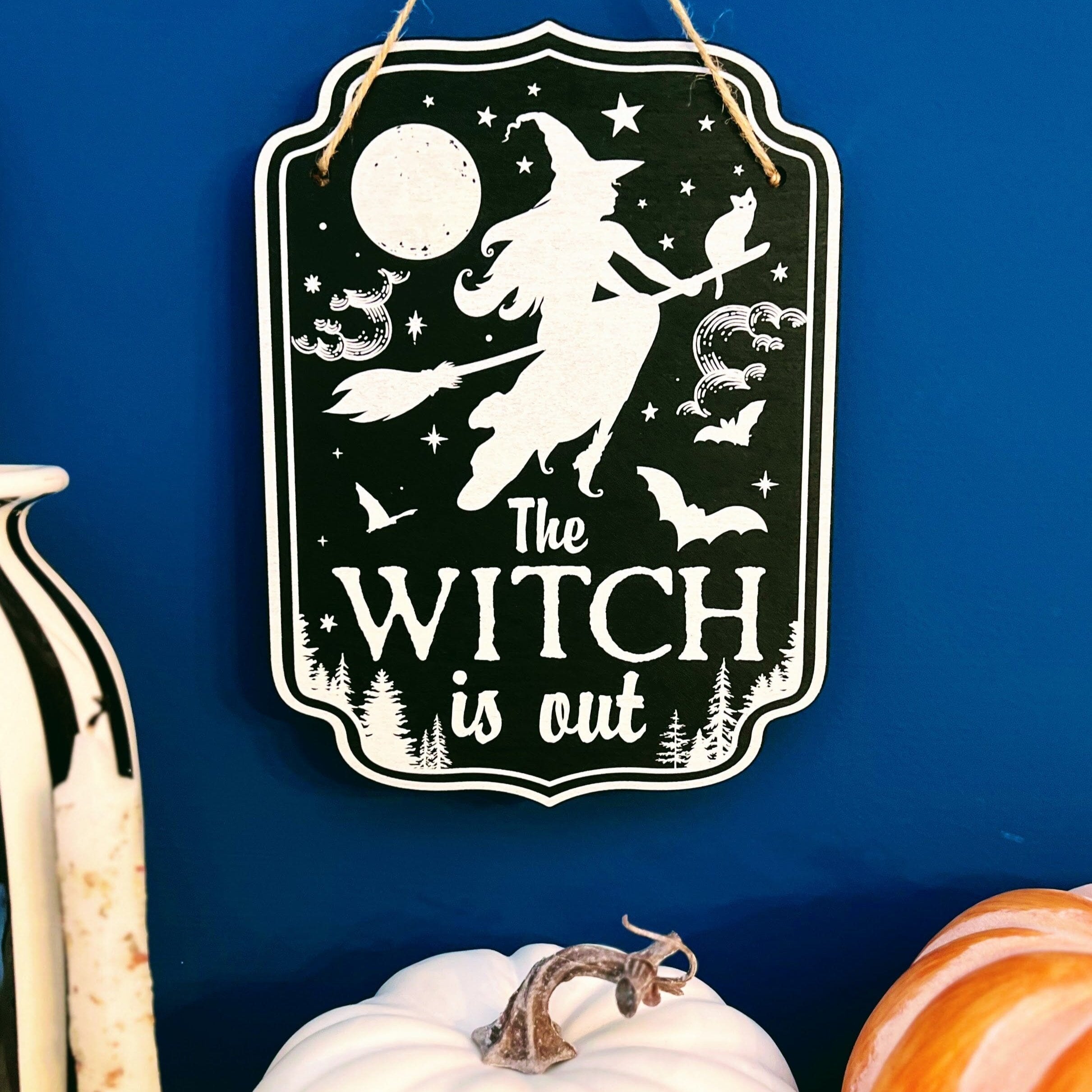 Wooden witchy decor sign with spooky lettering, perfect for home kitchen or witch-themed Halloween or pagan decorations.