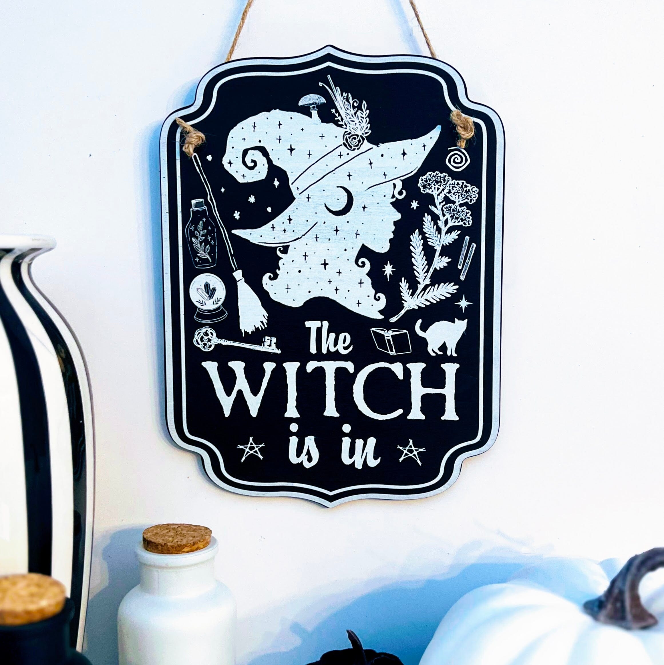 Wooden sign with witchy décor design for home, featuring a Spirit Nest kitchen-themed witch motif.