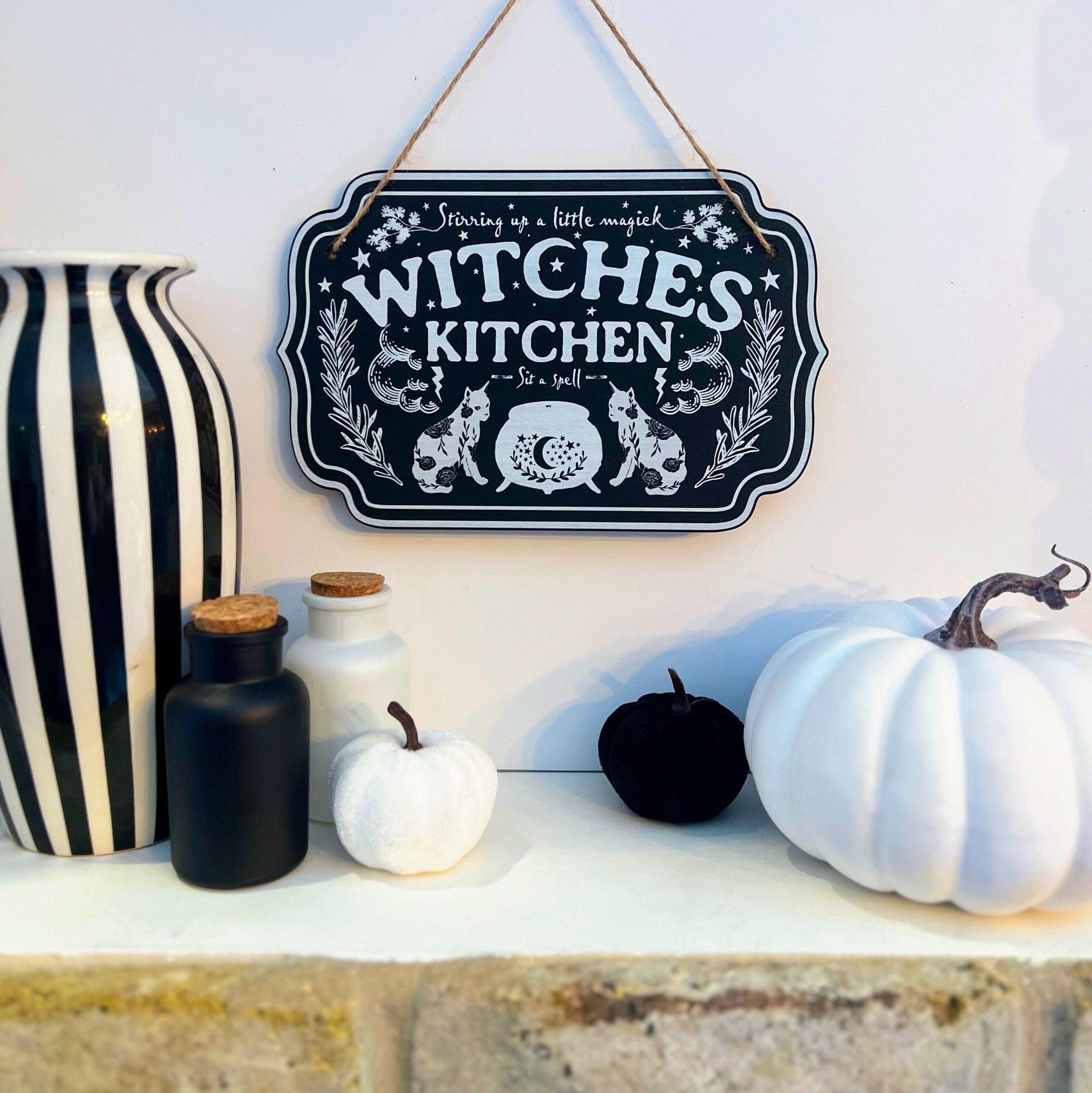 Wooden sign with witchy decor design for home, featuring Spirit Nest branding, ideal for witch-themed kitchen or home decoration.