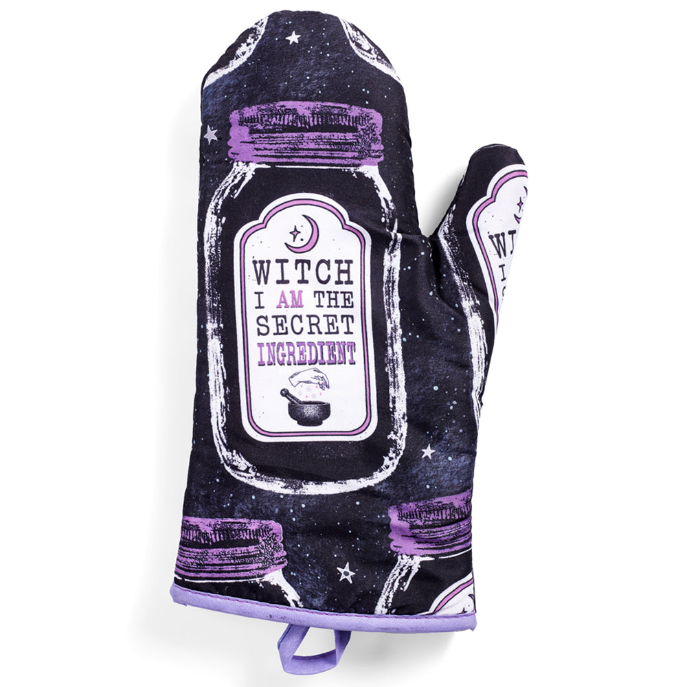 Purple and black kitchen oven mitts with witch and herb designs from Spirit Nest Kitchen Witch Oven Mitt Set, pair of heat-resistant mitts.