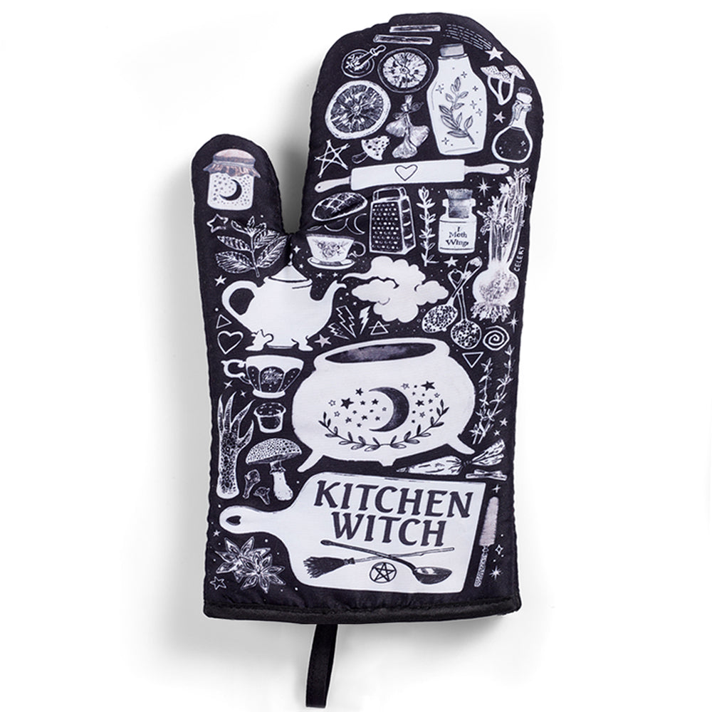 Pair of purple and black kitchen witch oven mitts with herbs, from Spirit Nest Kitchen Witch Oven Mitt Set, for safe handling.