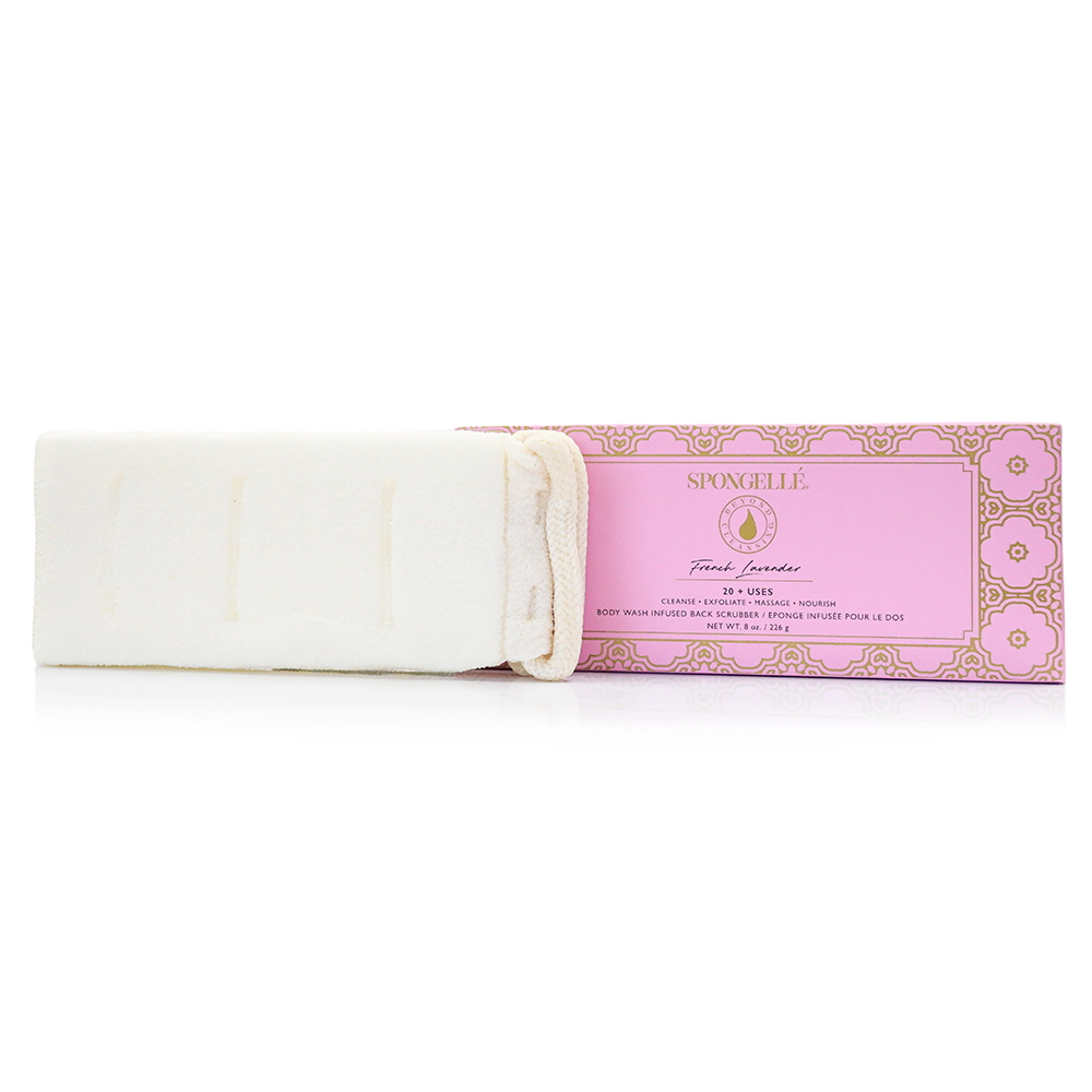 Spongellé French Lavender Body Wash Infused Back Buffer showing the textured sponge designed for back cleansing and exfoliation.