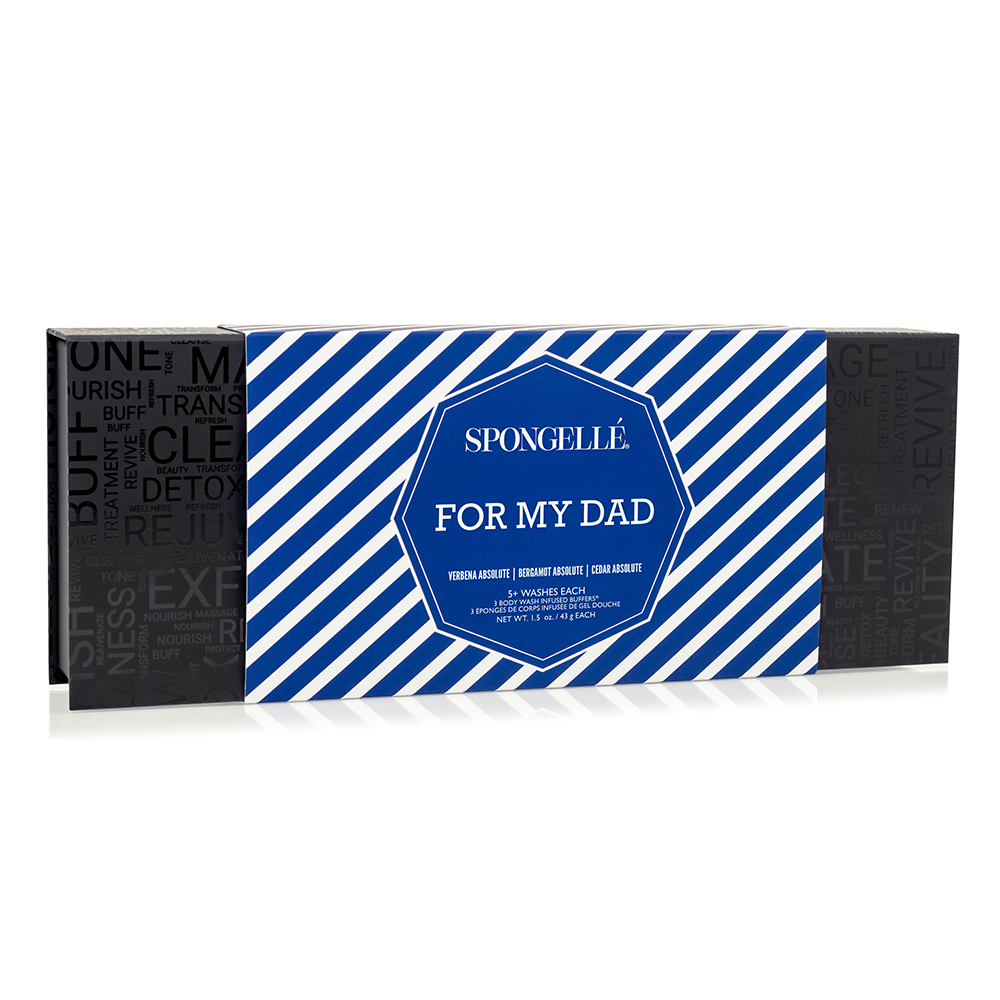 Spongellé For My Dad bath gift set with exfoliating body washes and spa accessories arranged in gift packaging.