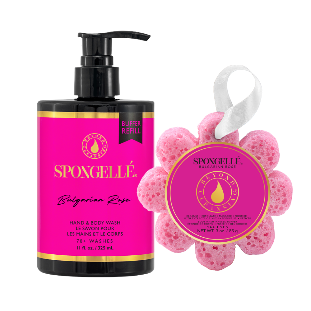 Spongellé Bulgarian Rose boxed flower and body wash refill set, a luxurious body gift set with floral and cleansing products.