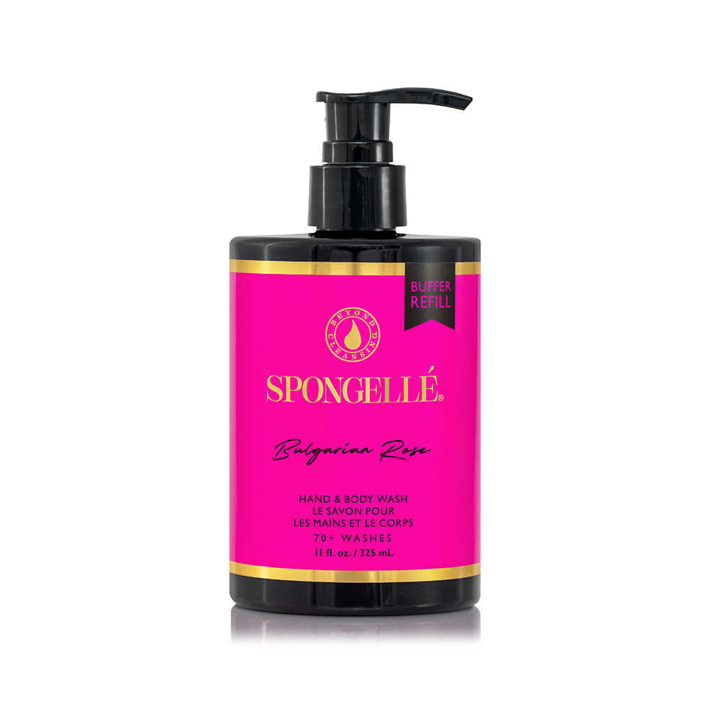 Spongellé Bulgarian Rose Body Gift Set with boxed flower-shaped body wash refills, includes refill bottles and decorative packaging.