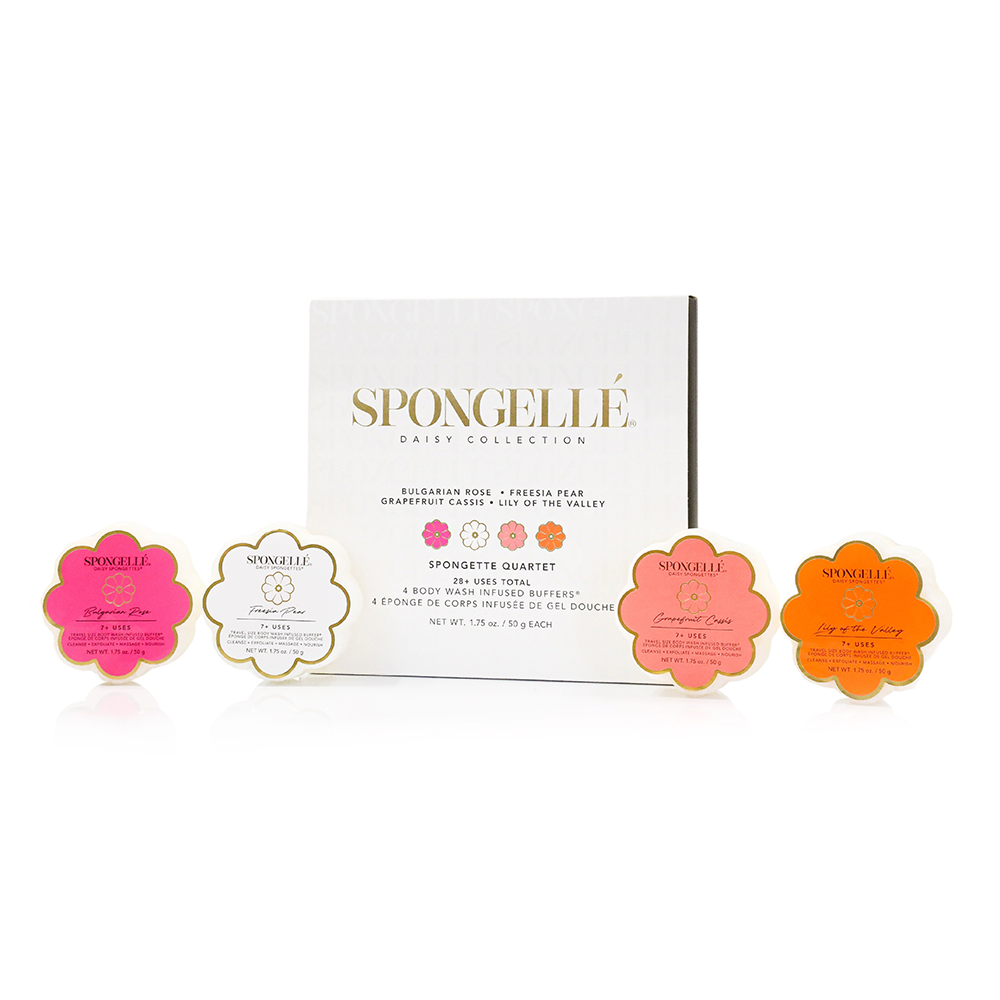 Spongellé Spongette Quartet Body Gift Set with four exfoliating body sponges arranged in a display box.