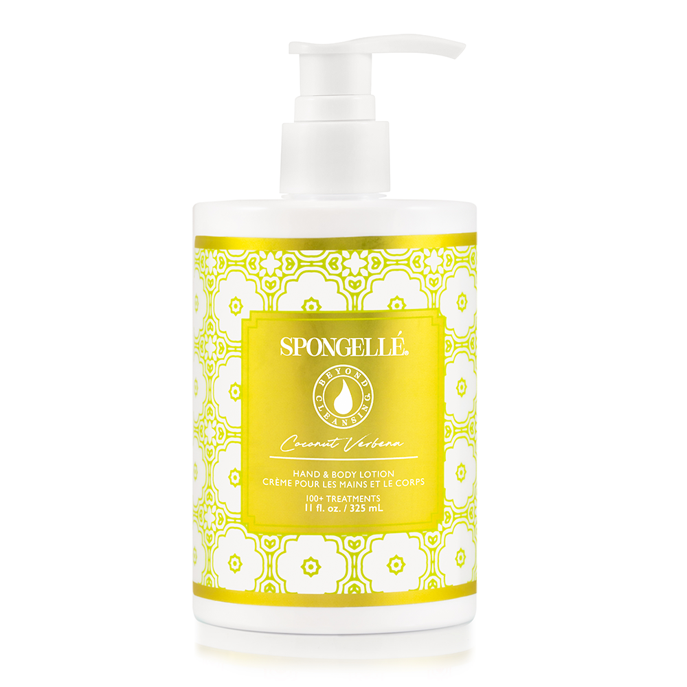 Spongellé Coconut Verbena body lotion bottle with floral and coconut design, smooth texture, and pump dispenser.
